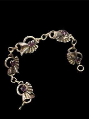 Vintage Sterling Fluted Bracelet Purple Glass Signed Harry Iskin